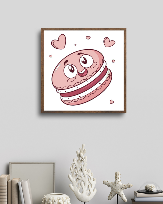Cadre déco avec un macaron kawaii joyeux style gourmandisie élégante