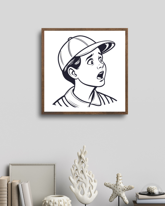 Cadre moderne avec illustration minimaliste d’un garçon en casquette surpris