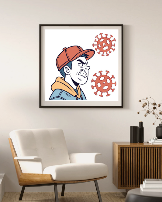 Cadre décoratif d'un adolescent en colère face aux virus style expressif et coloré