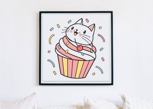Cadre décoratif avec chat kawaii sur cupcake style fête gourmande