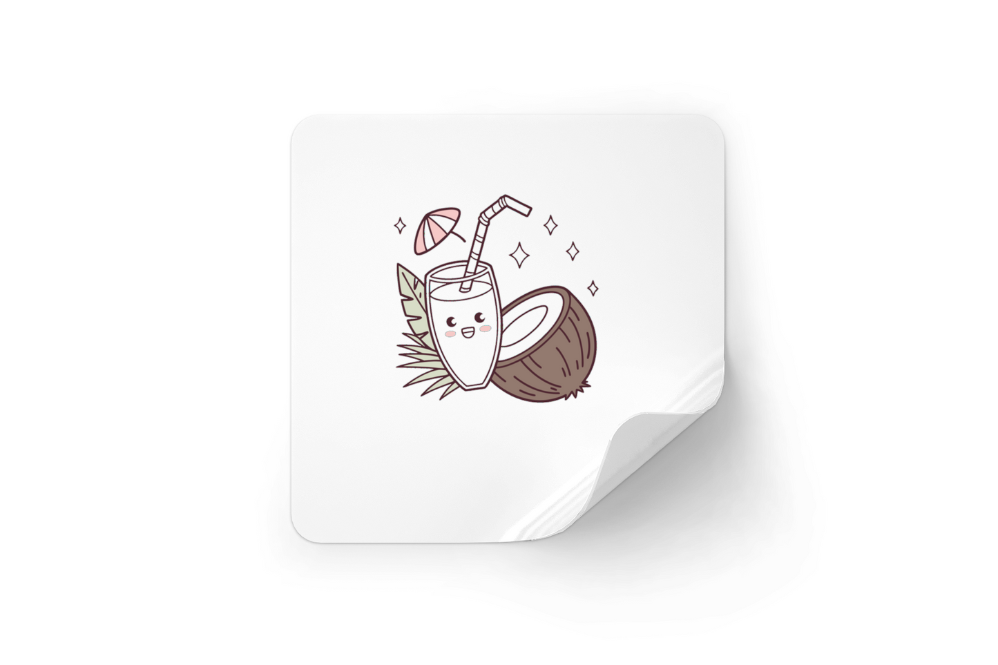 Sticker kawaii tropical cocotiers sur fond blanc avec un verre amusant stylisé