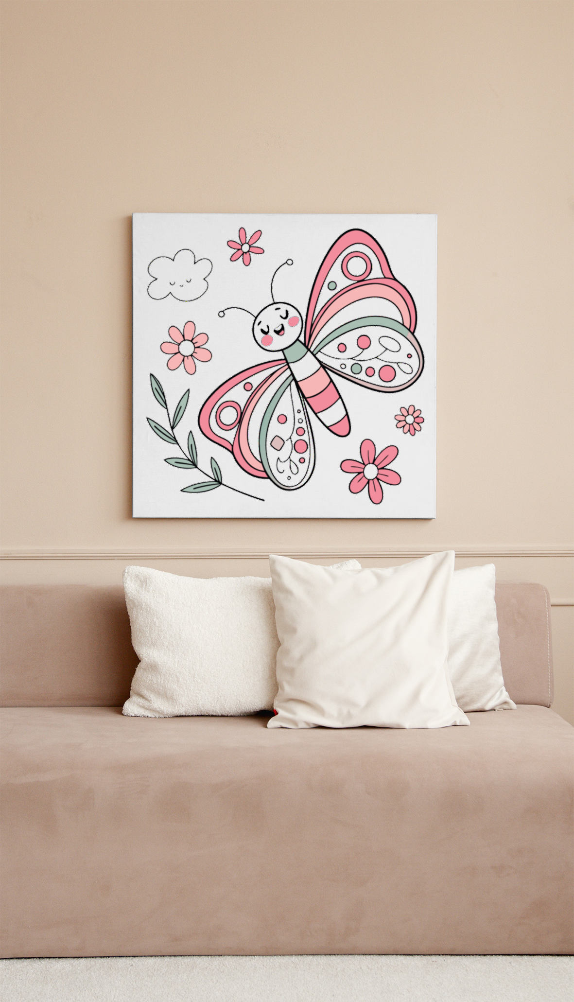 Cadre mettant en scène un papillon stylisé flottant aux teintes douces pastel