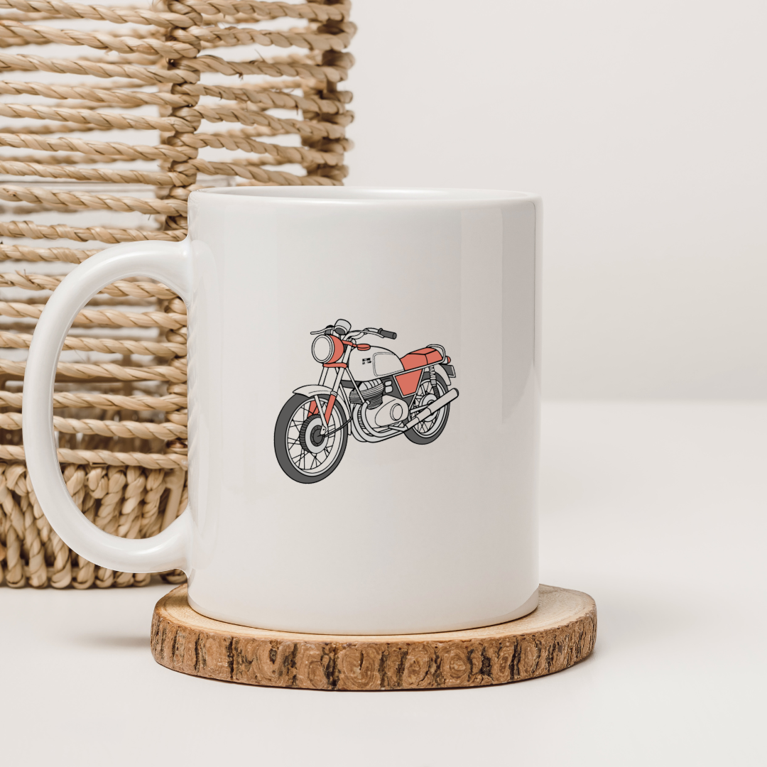 Illustration rétro de moto Laverda appliquée sur tasse pour amateurs.
