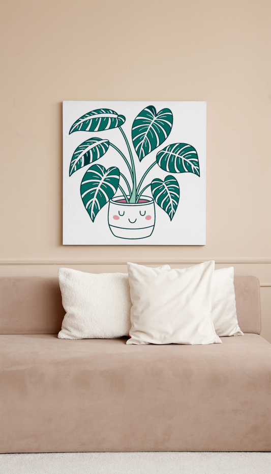 Cadre graphique cartoon avec plante heureuse dans pot mignon en décor naturel