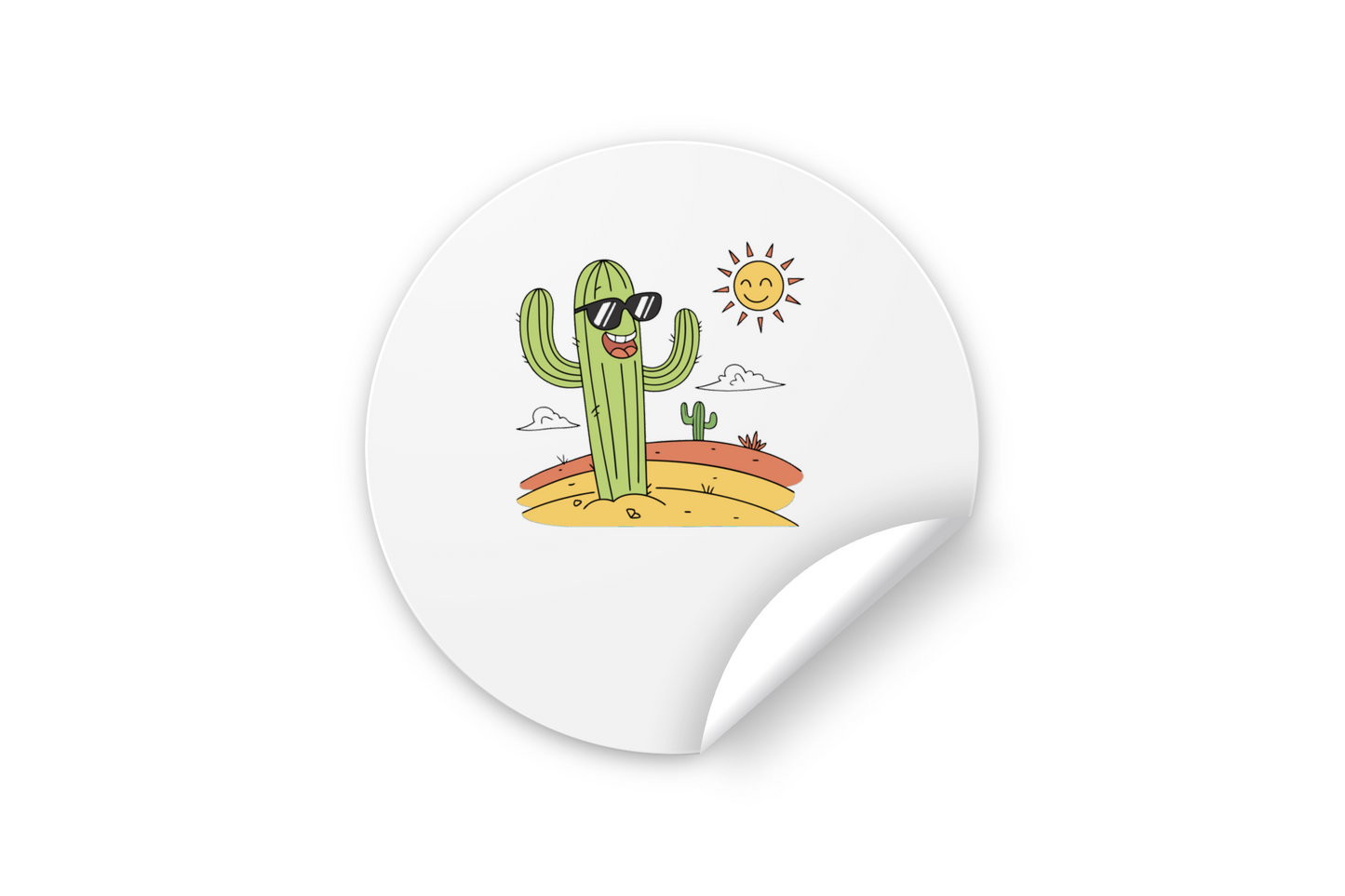 Sticker avec cactus souriant portant des lunettes, ambiance désert style cartoon