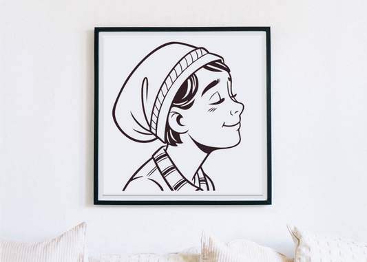 Cadre montrant un garçon rêveur au style ligne épuré rétro, parfait pour déco rétro