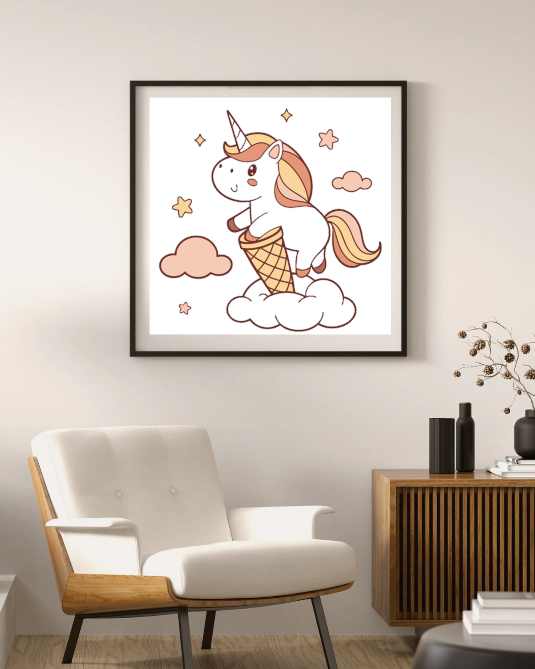 Cadre pastel avec licorne glacée sur nuages imaginaires pour décoration moderne