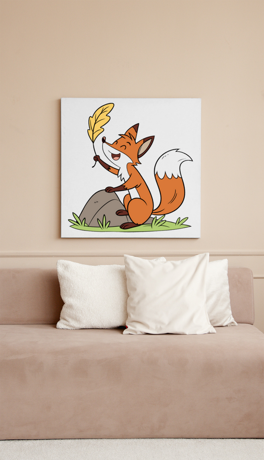Cadre décoratif avec un renard joyeux en style cartoon dans une forêt enchantée