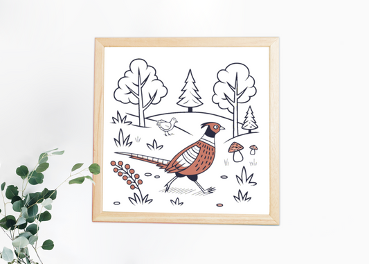 Cadre pastel avec faisan stylisé dans une scène forestière apaisante