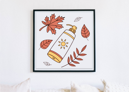 Cadre décoratif avec graphisme coloré de crème solaire et feuilles automnales