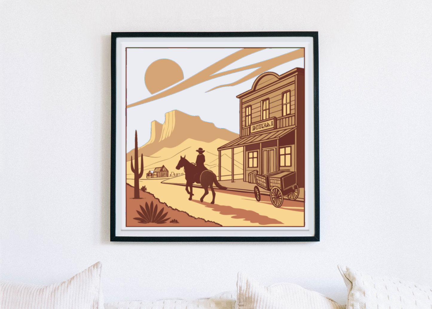 Cadre décoratif style Far West avec cowboy et paysage.