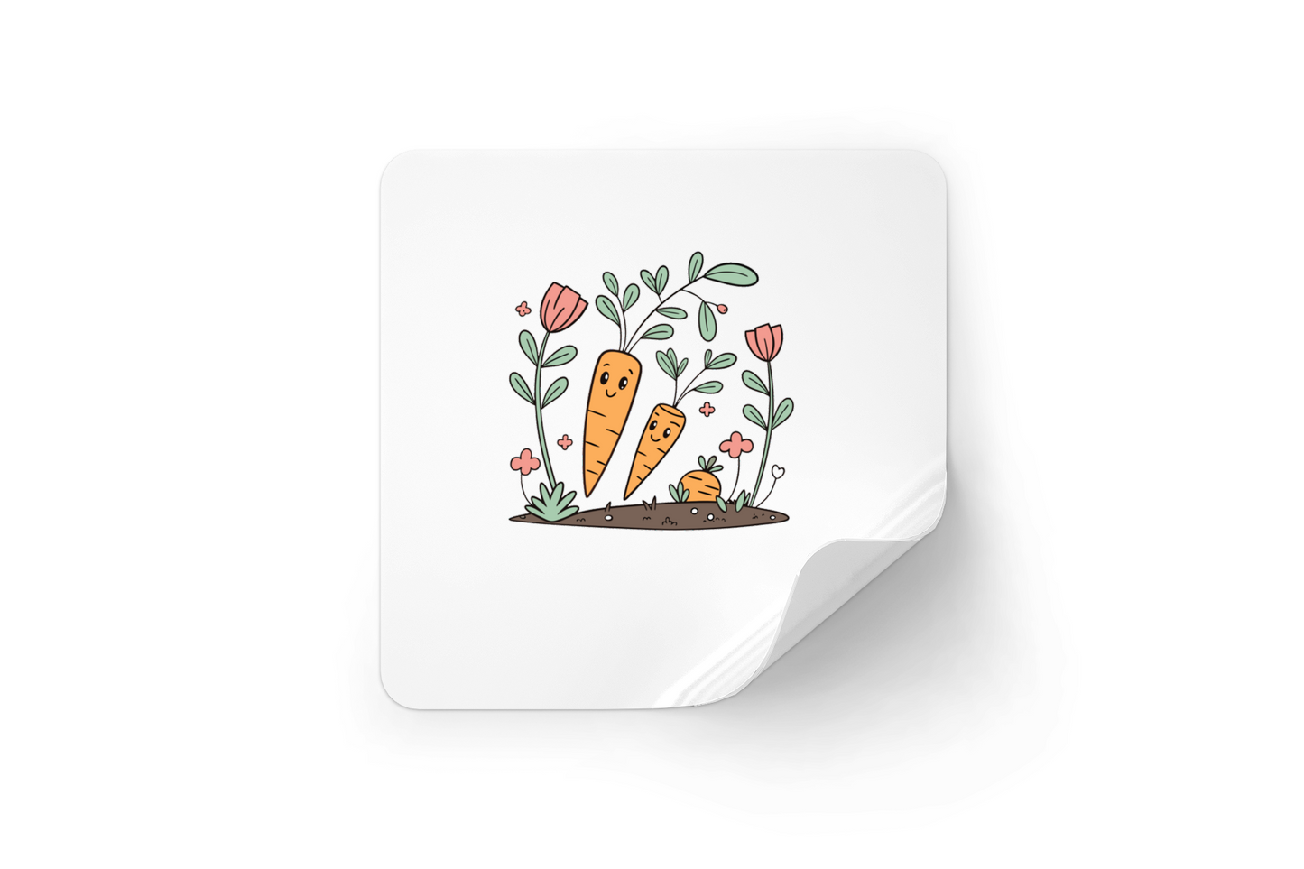 Sticker décoratif avec des carottes joyeuses en style kawaii dans un jardin printanier