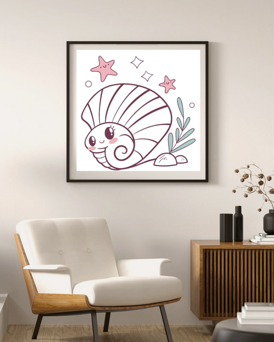 Cadre orné d'un coquillage souriant et d'étoiles sur fond océanique vibrant et charmant