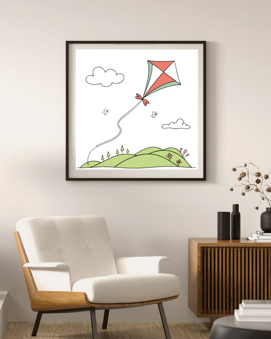 Cadre décoratif au design nature avec cerf-volant stylisé flottant joyeusement