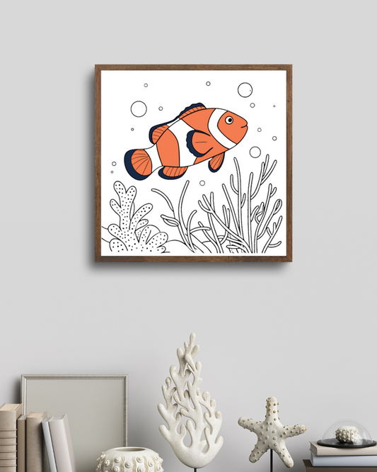 Cadre estival avec poisson-clown joyeux au design marin coloré et élément décoratif