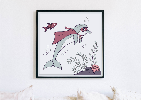 Cadre élégant avec dauphin superhéros style cartoon en mission océanique