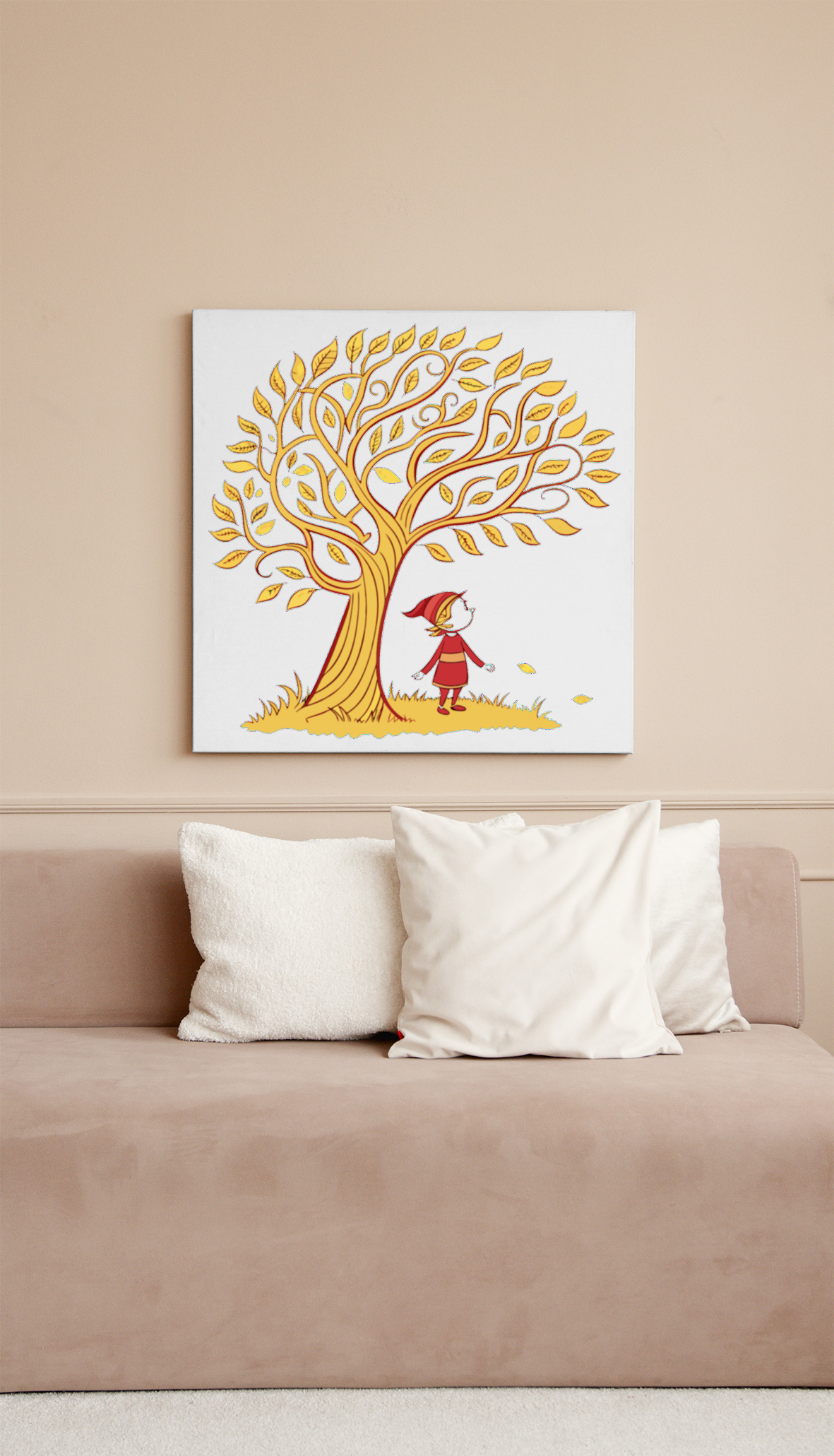 Cadre décoratif avec enfant rêveur assis sous un arbre en style automnal