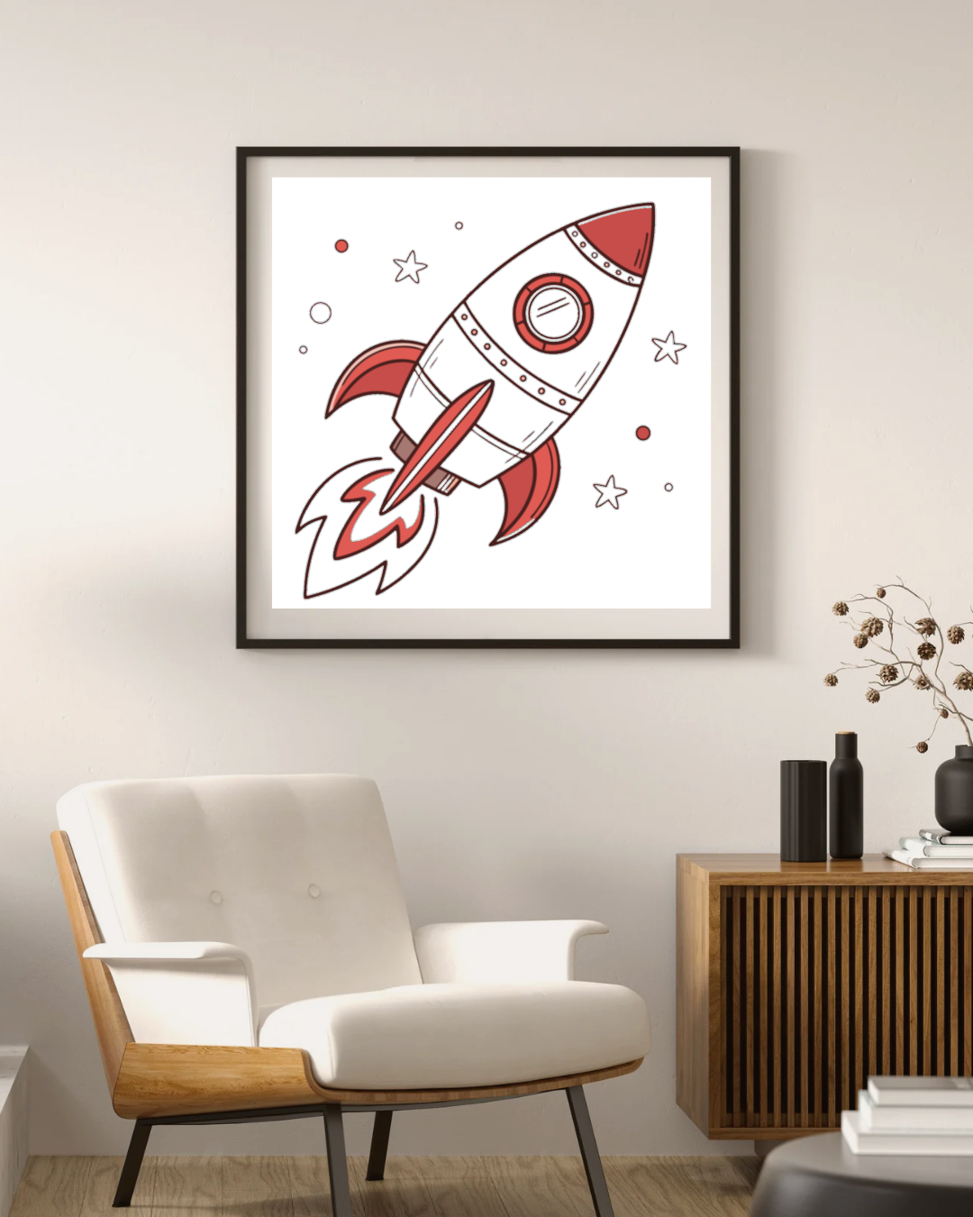 Cadre avec illustration colorée montrant une fusée rétro stylisée en pleine envolée