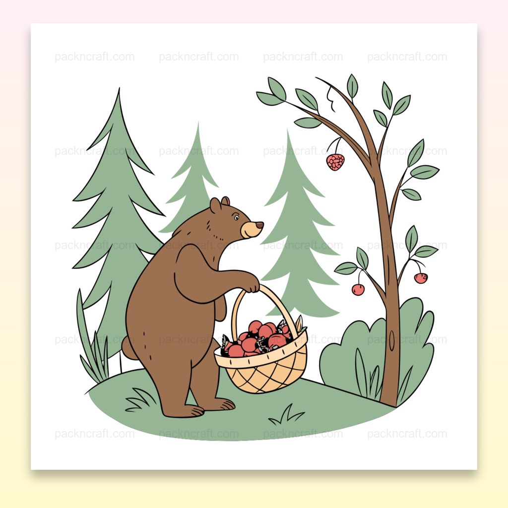 Illustration d'un ours récoltant des fruits dans une forêt, idéale pour projets DIY.
