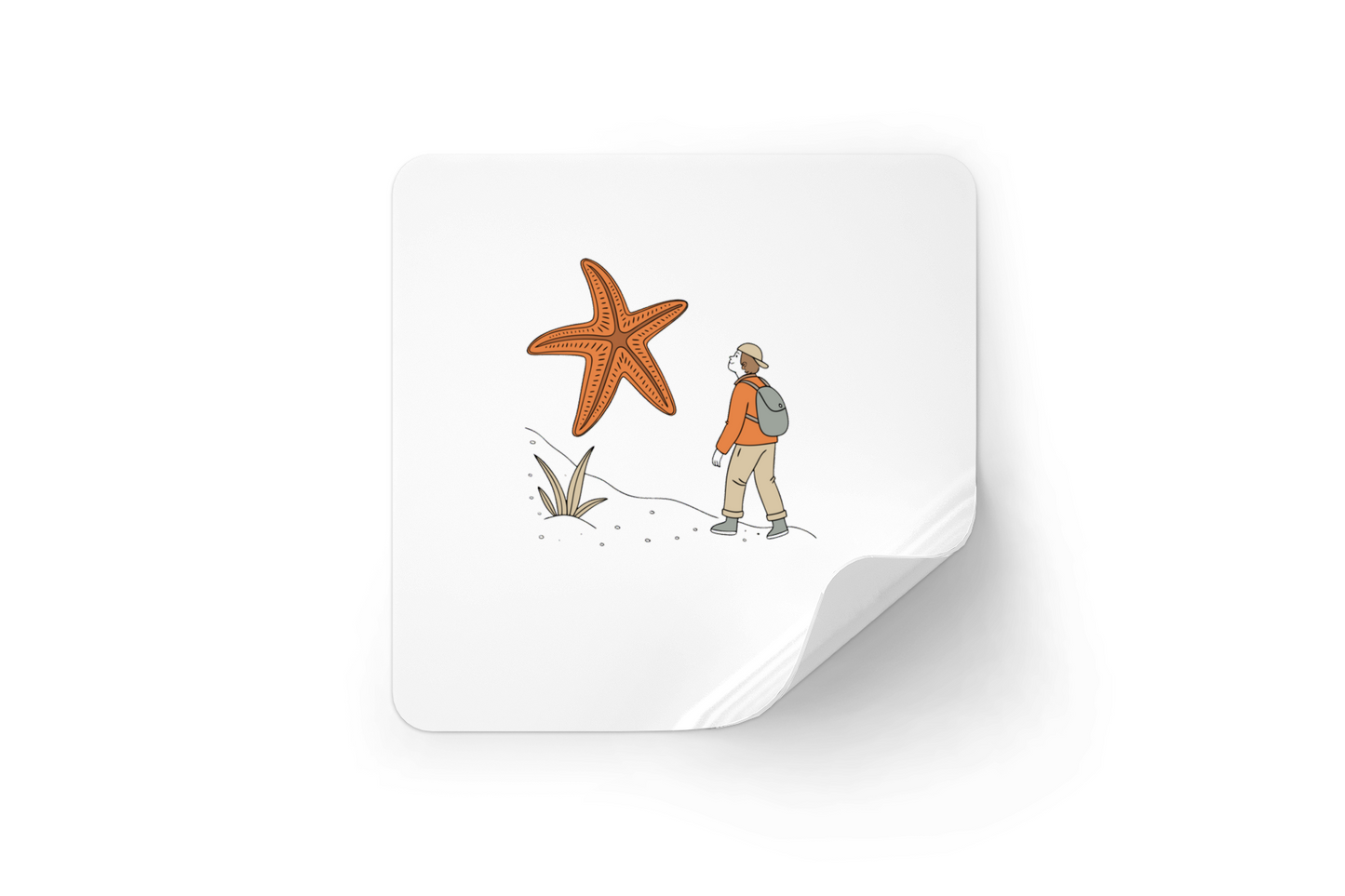 Sticker représentant une étoile de mer géante et un explorateur dans un style aventure
