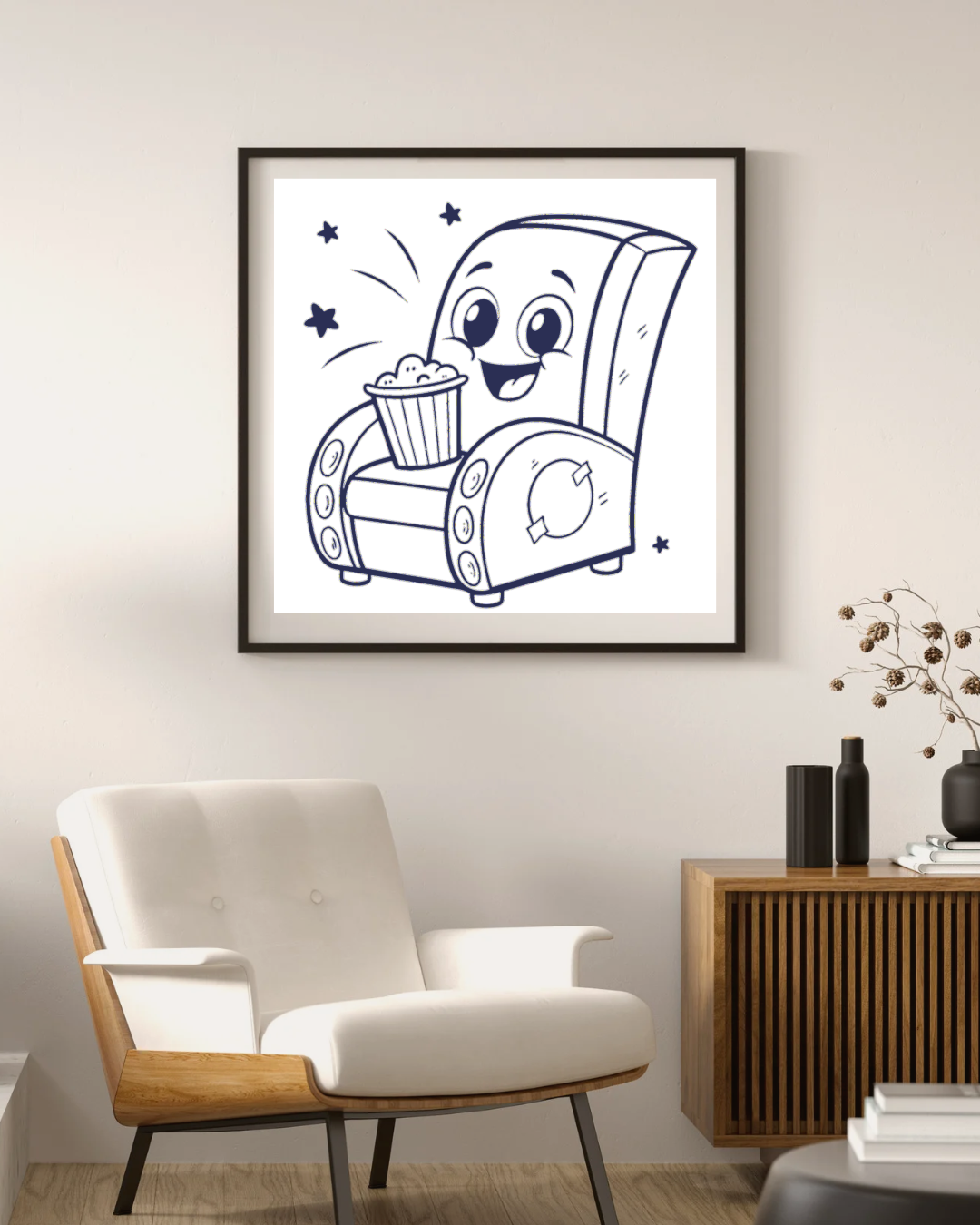 Cadre humoristique avec décor cinéma et fauteuil enfantin joyeux remplis de popcorn
