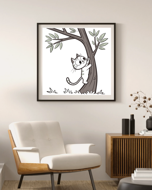 Cadre avec design minimaliste représentant un chat jouant dans un arbre