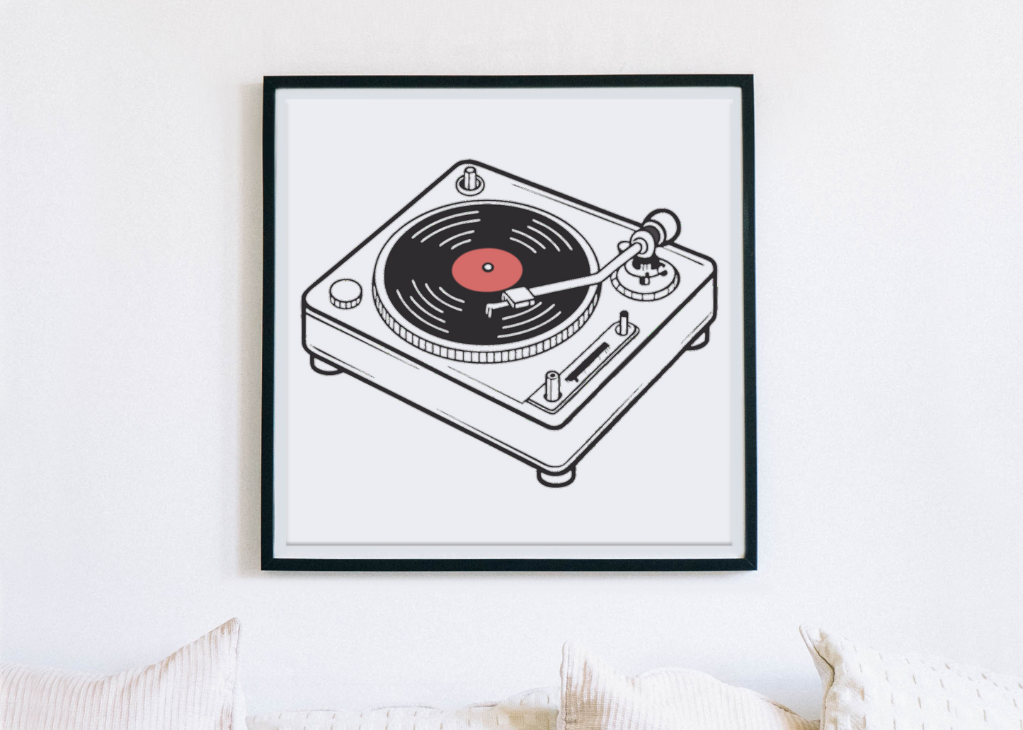 Cadre tendance avec motif tourne-disque rétro en pleine action ambiance musicale
