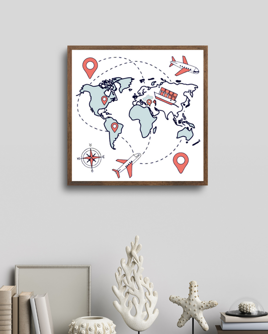 Cadre décoratif montrant une carte du monde stylée pour les passionnés d'exploration