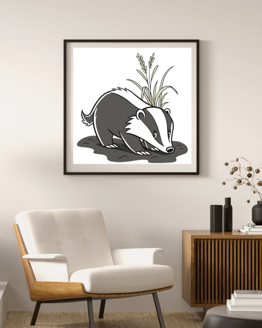 Cadre en style cartoon montrant un blaireau curieux dans un environnement forestier