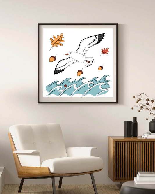 Cadre élégant avec mouette majestueuse sur vague, style automnal, décoration murale