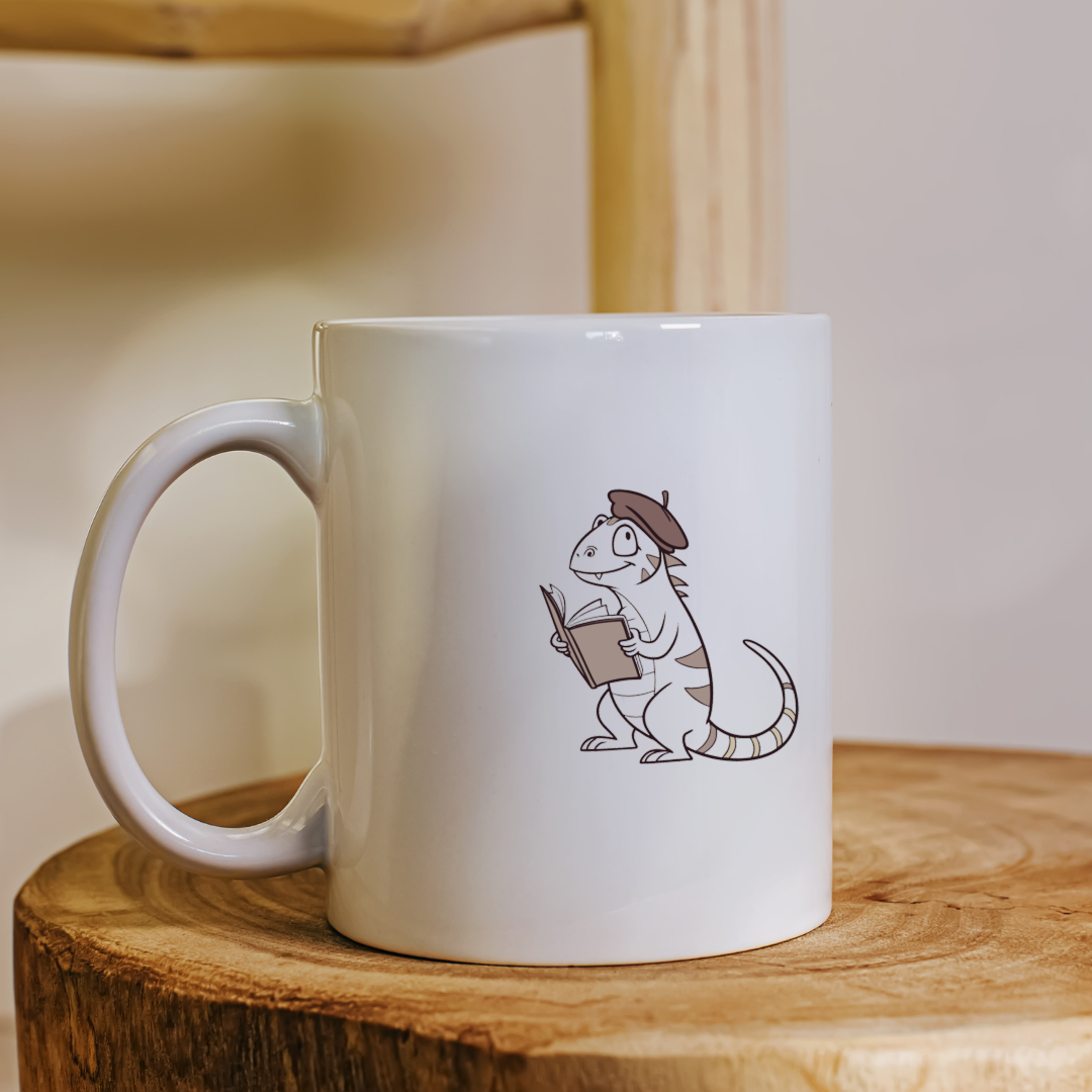 Mug avec lézard lettré en béret dans un design élégant axé sur l'éducation