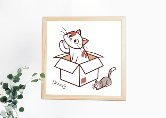 Cadre moderne avec une illustration espiègle de chat se glissant dans une boîte