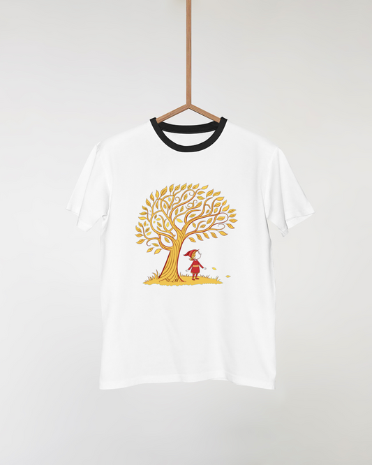 T-shirt avec dessin automnal d'un enfant rêveur sous un arbre décoratif