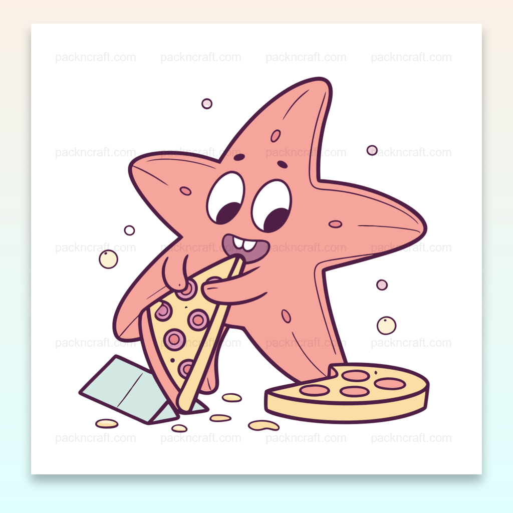 Illustration kawaii d'étoile de mer mangeant une pizza, parfaite pour papeterie et projets créatifs.
