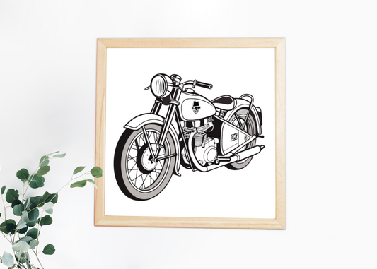 Impression encadrée montrant une moto rétro élégante