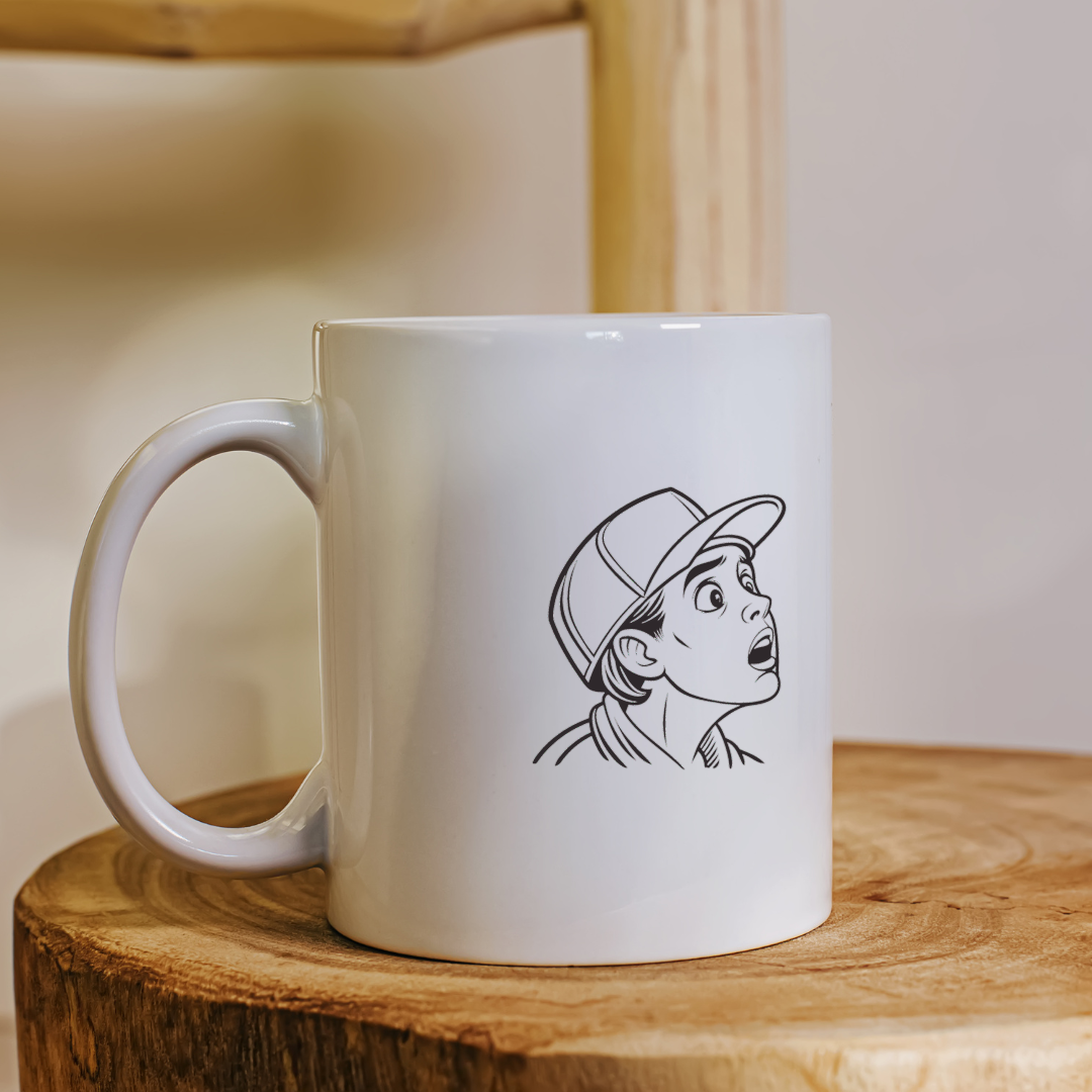 Mug au design urbain avec silhouette d'adolescent surpris en ligne fine