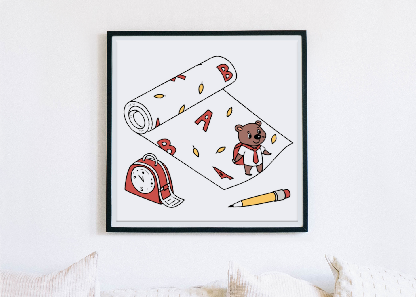 Cadre éducatif en style minimaliste avec ours studieux sur fond de rouleau éducatif