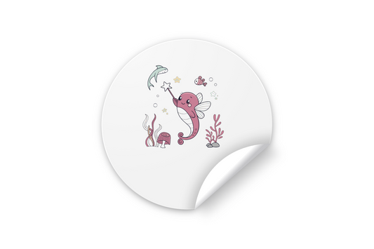 Sticker au style pastel avec un hippocampe magique, ambiance aventure océanique