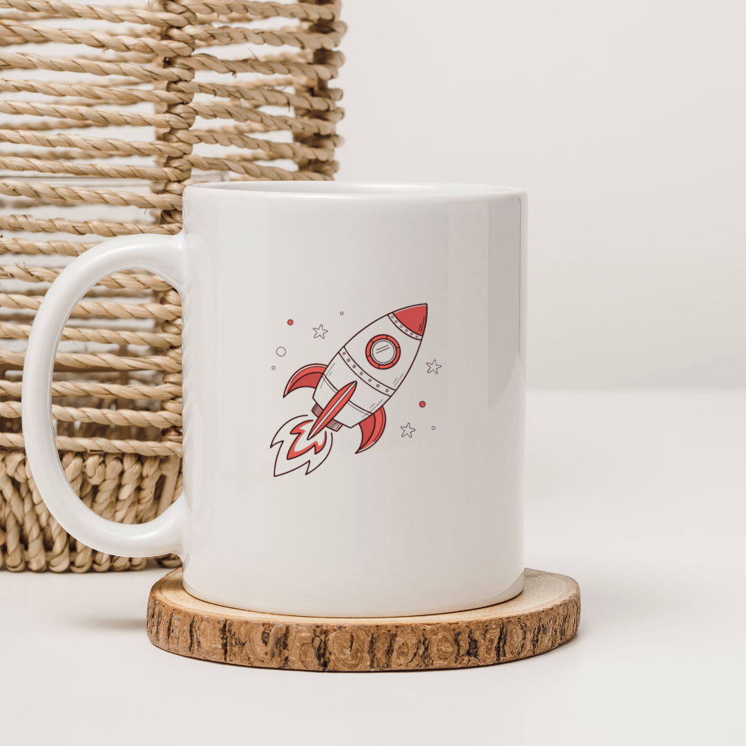 Mug avec motif fusée rétro stylisé en plein envol pour les amateurs d'aventure cosmique