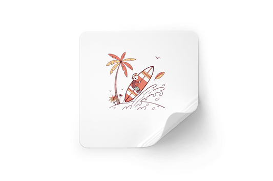 Sticker affichant un motif tropical au style plat pour les amateurs de surf heureux