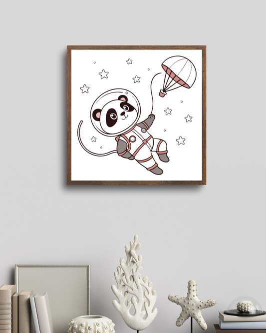 Cadre décoratif représentant un panda cosmonauté entouré d'étoiles minimalistes