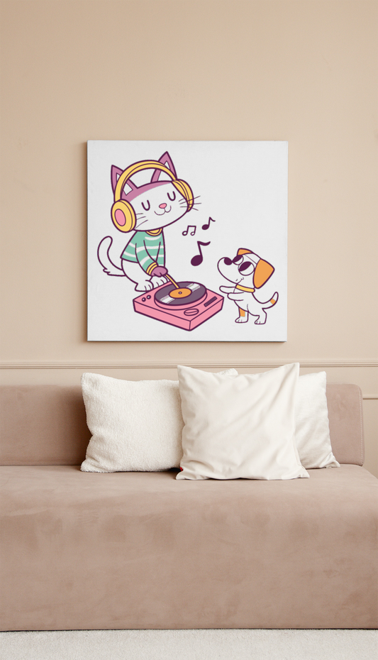 Cadre avec chat kawaii DJ en pleine fête musicale style numérique et amusant