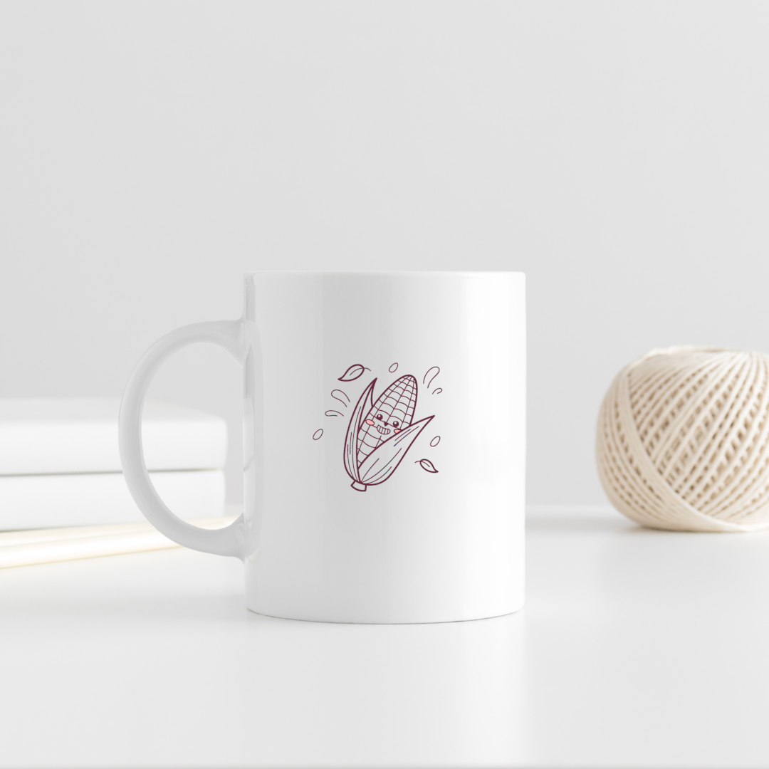 Mug avec épi de maïs joyeux dans un style doodle coloré et nature amusante