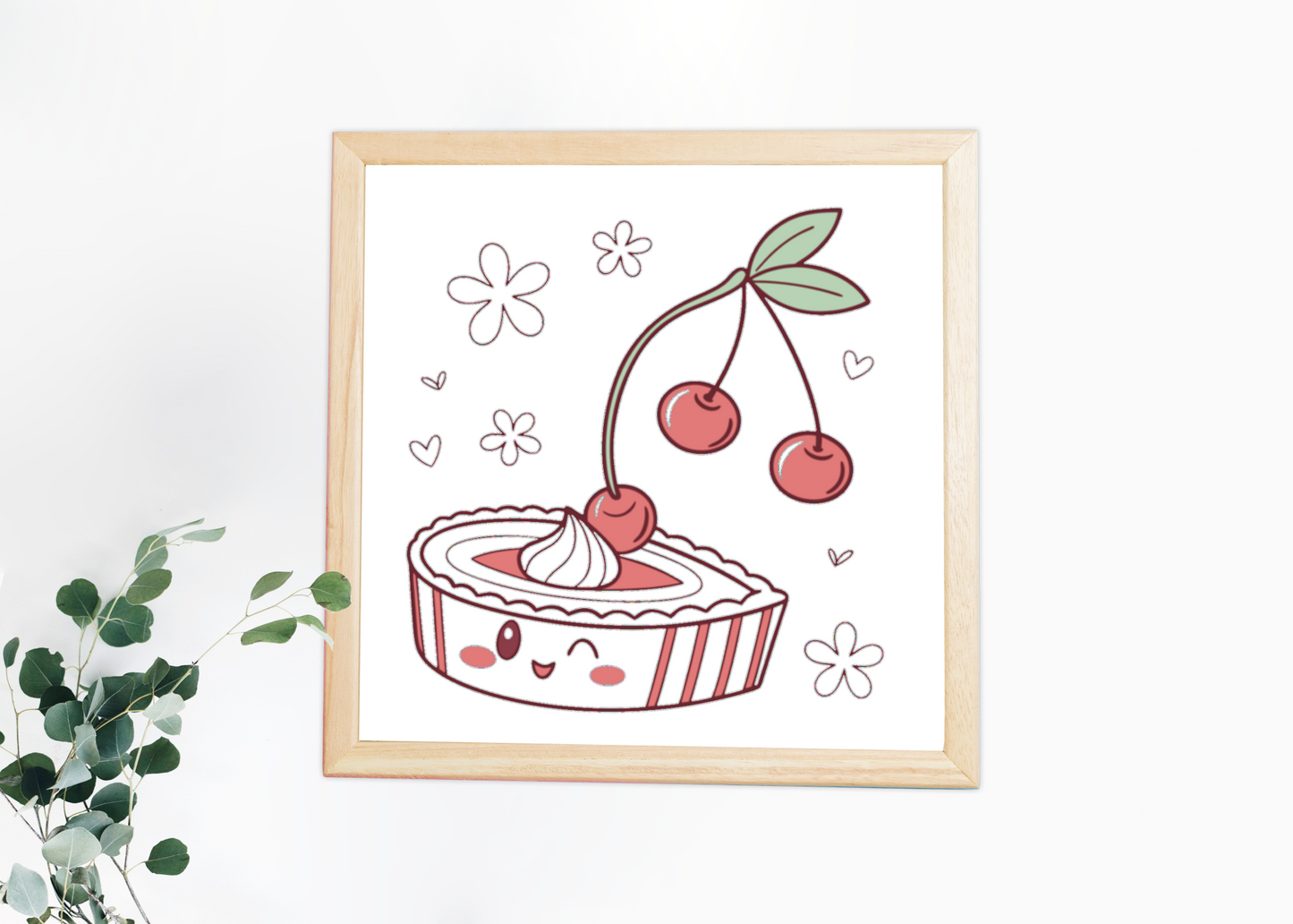 Cadre avec motif kawaii cerise et tarte joyeuse, idéal pour la papeterie gourmande