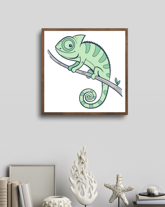 Cadre décoratif avec caméléon pastel sur branche dans une jungle exotique