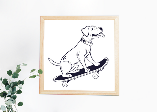 Cadre avec un chien doodle sur skateboard urbain pour une touche moderne et amusante