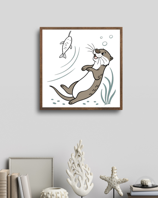 Cadre décoratif marin avec loutre joyeuse parmi des éléments aquatiques