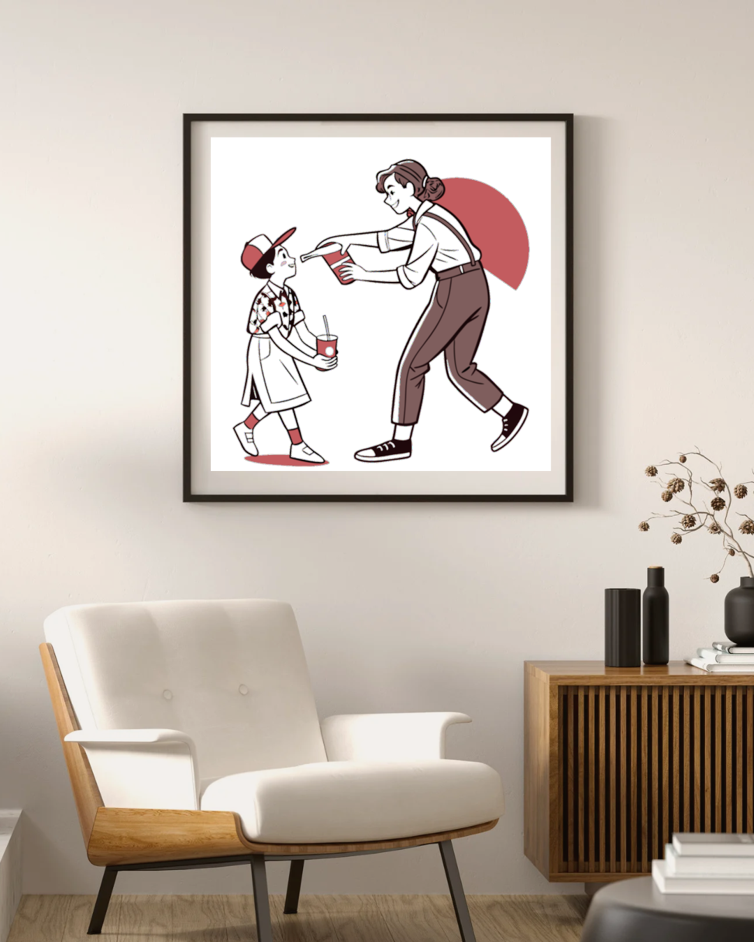 Illustration encadrée de l'époque soda, idéal pour décoration murale.