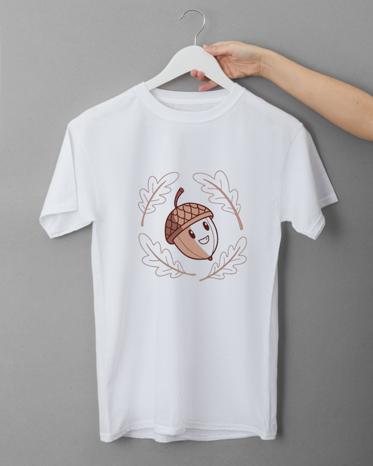 T-shirt blanc avec icône gland joyeux pastel automne sur fond forestier