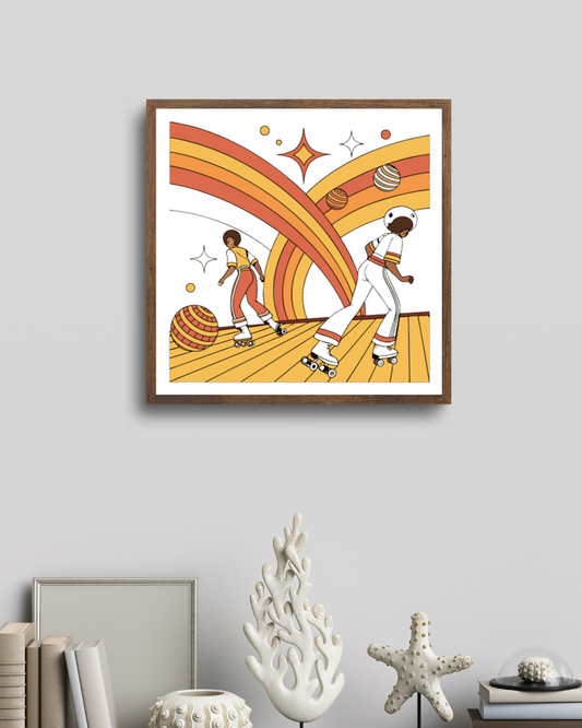 Illustration rétro de patineurs en style disco années 70 sur cadre.
